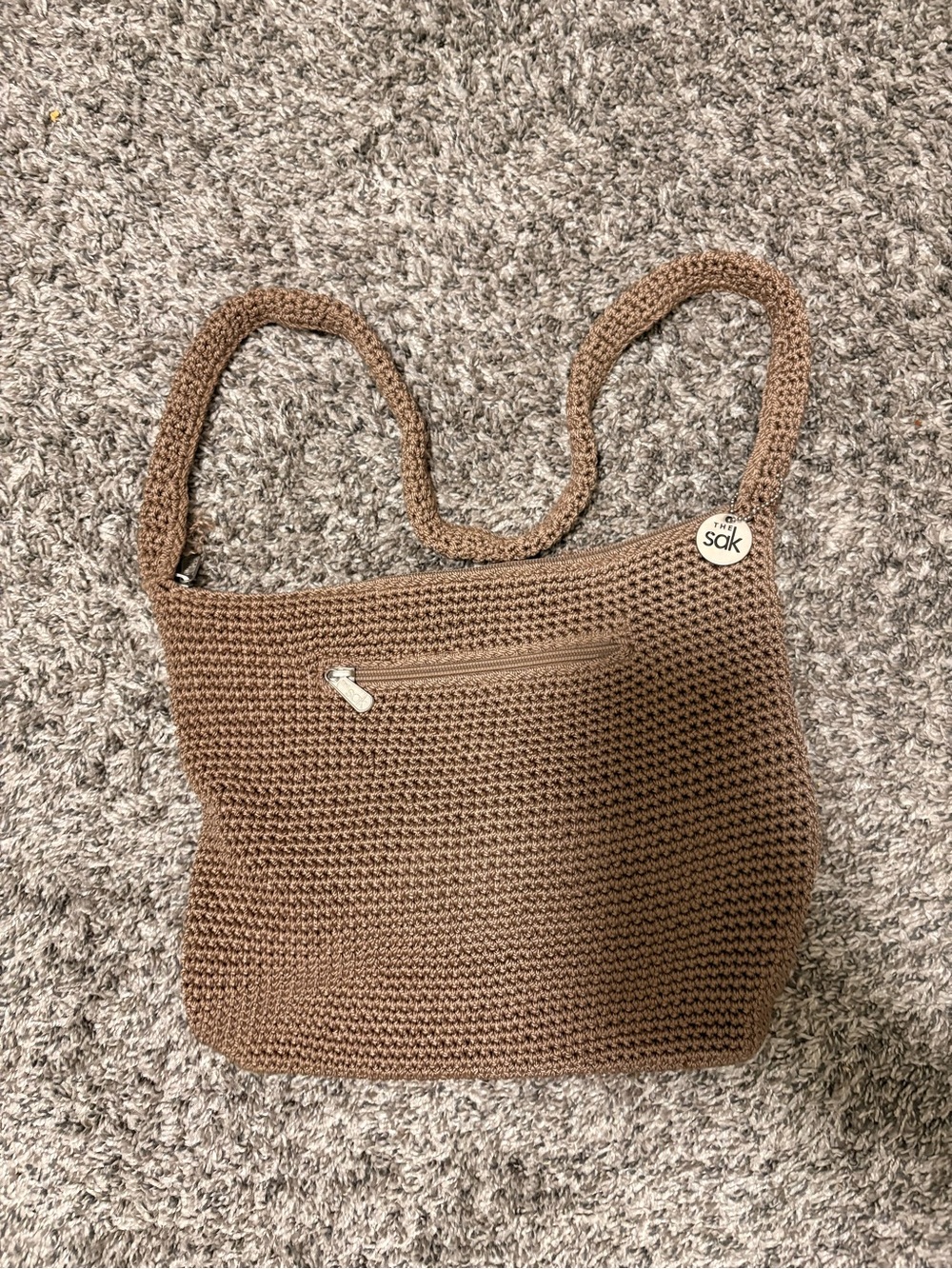 The Sak Brown Crochet Shoulder Bag with Exterior Zip